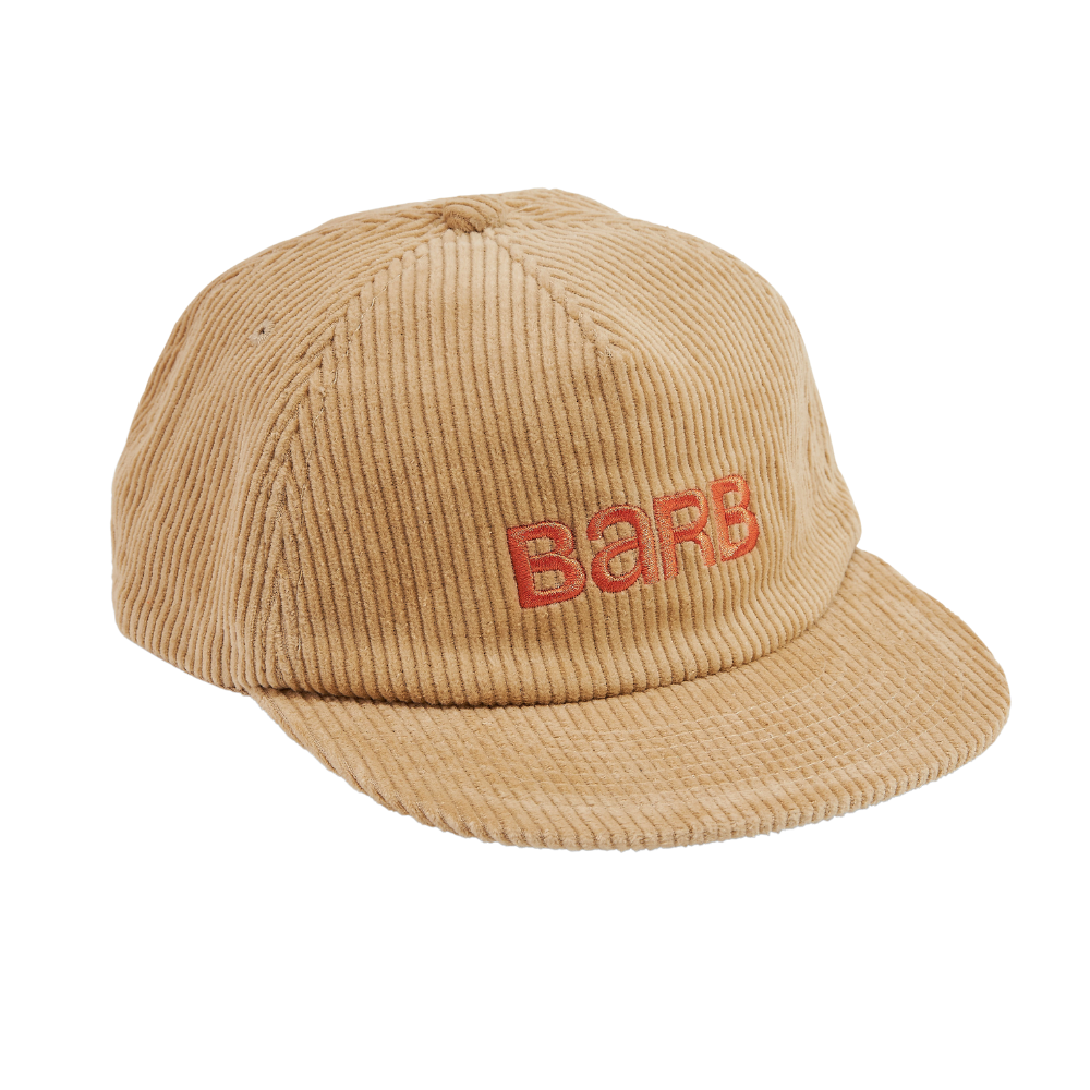 Light brown corduroy hat material with embroidered orange Barb logo in the front center above the brim