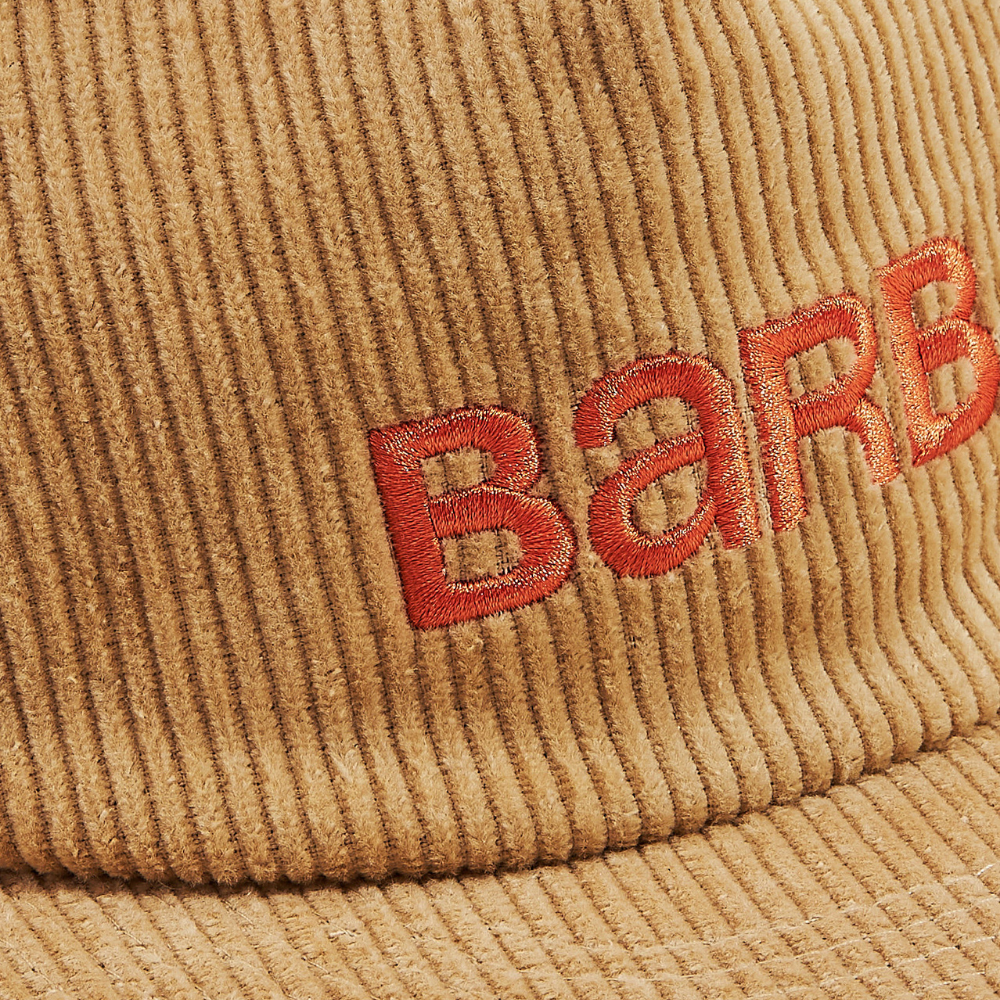 Close up image of orange logo embroidery on light brown corduroy hat