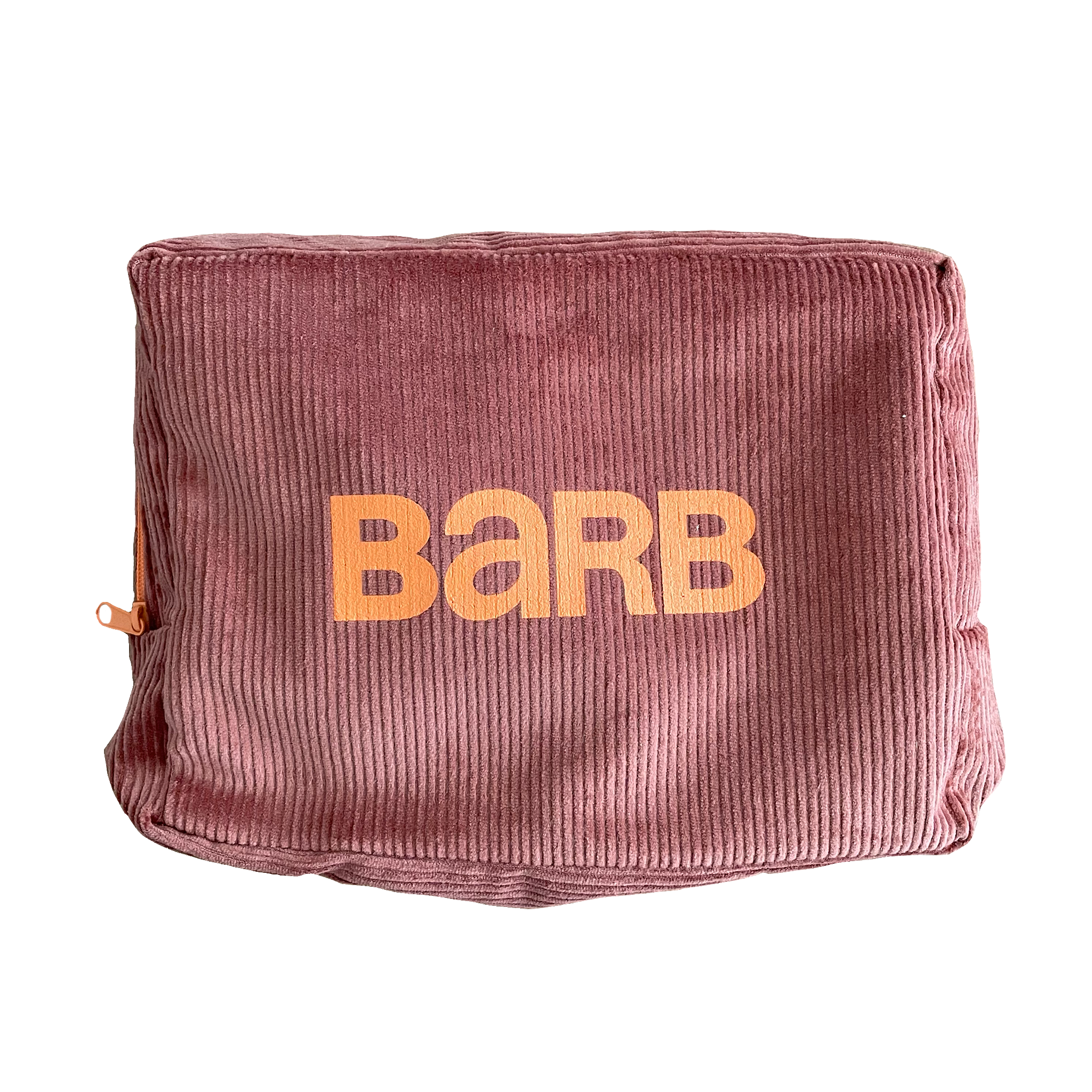 Cinnamon colored soft corduroy bag with orange Barb logo and orange zipper